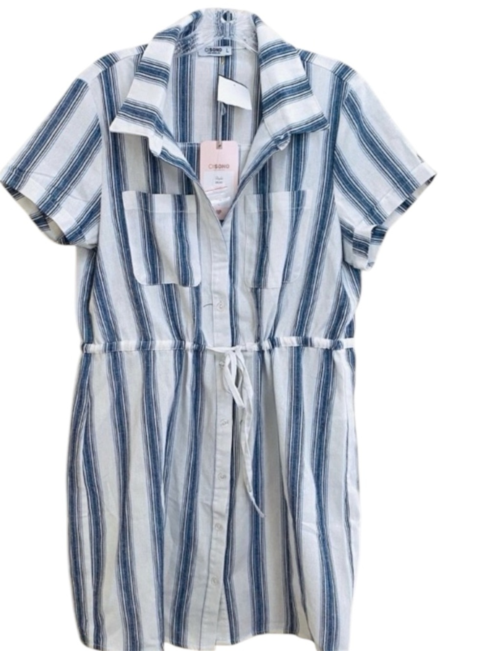 CI SONO BLUE WHITE DRESS STRIPE SHIRTDRESS LARGE SHORT SLEEVE NWT NEW SUMMER